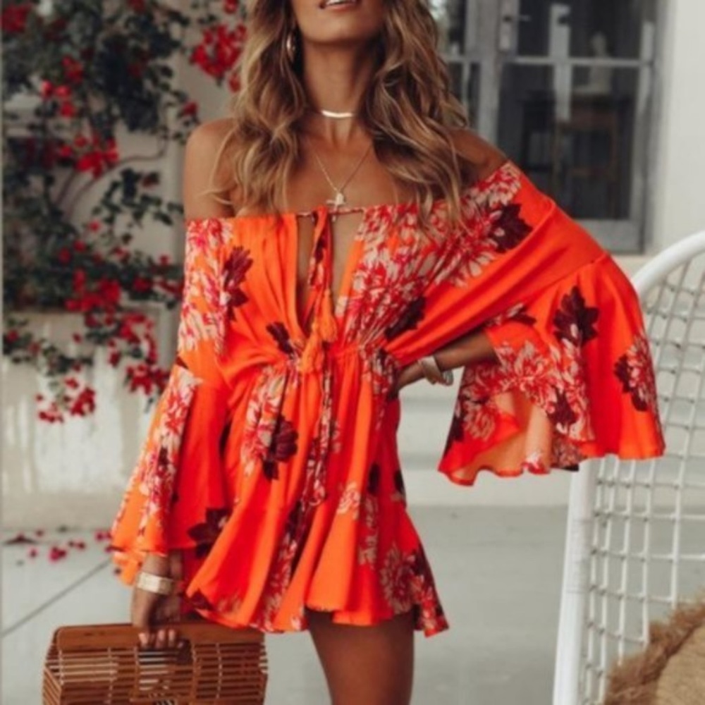 IN STOCK -Off Shoulder Bright Orange floral ROMPER - Picture 4 of 5
